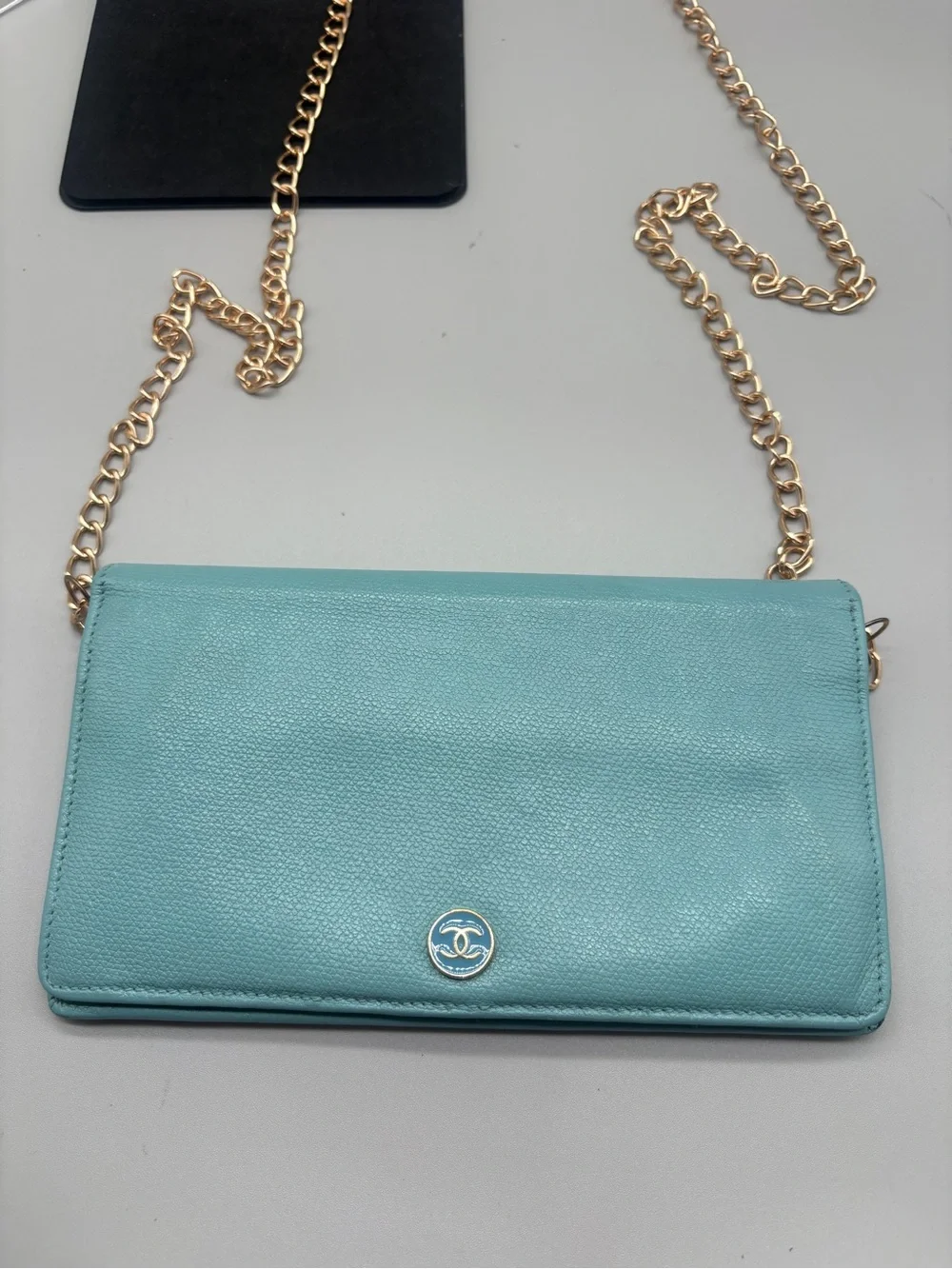 Authentic Chanel Light Turquoise Caviar Wallet – Converted WOC – Entrupy COA